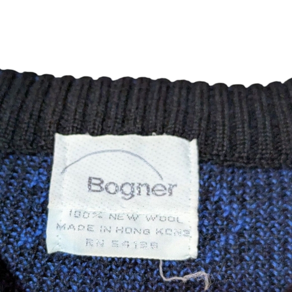 Bogner Fair Isle Sweater Black Blue Wool Medium Vintage Retro Crewneck Gaper Day - Picture 3 of 7